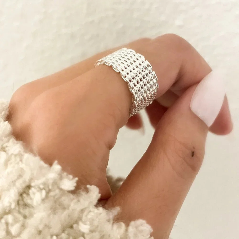 925 Sterling Silver Mesh Ring Weave Ring Woven Ring Band Everyday Ring - Picture 5 of 8